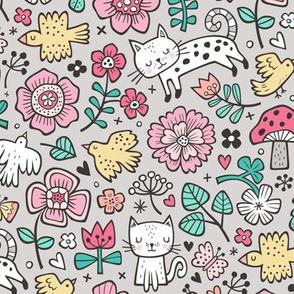 Cats Birds & Flowers Spring Doodle on Light Grey