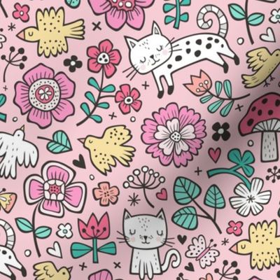 Cats Birds & Flowers Spring Doodle on Pink