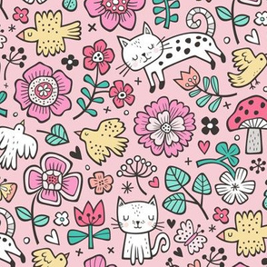 Cats Birds & Flowers Spring Doodle on Pink