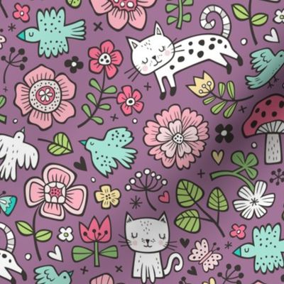 Cats Birds & Flowers Spring Doodle on Purple Mauve