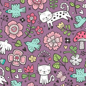 Cats Birds & Flowers Spring Doodle on Purple Mauve