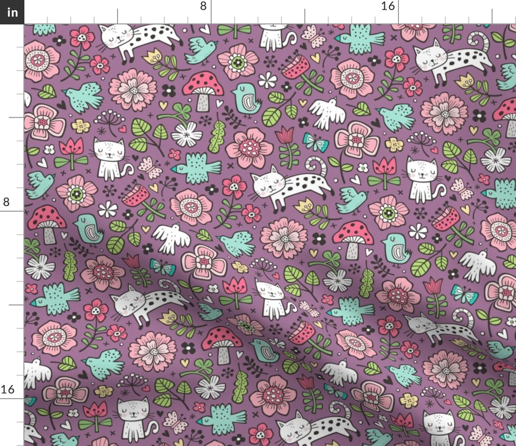 Cats Birds & Flowers Spring Doodle on Purple Mauve