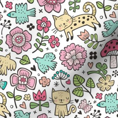 Cats Birds & Flowers Spring Doodle on White