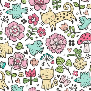 Cats Birds & Flowers Spring Doodle on White