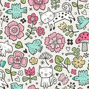 Cats Birds & Flowers Spring Doodle on Cloud Grey