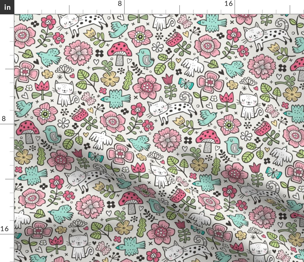 Cats Birds & Flowers Spring Doodle on Cloud Grey