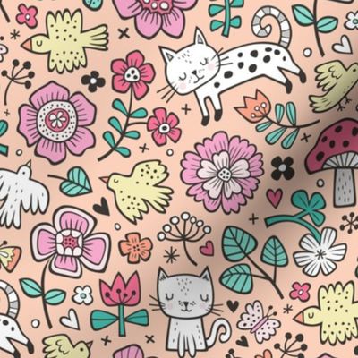 Cats Birds & Flowers Spring Doodle on Peach