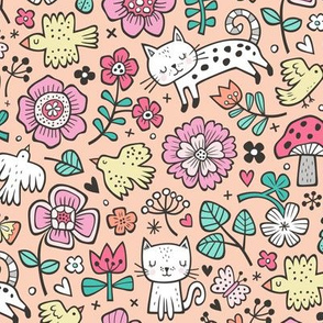 Cats Birds & Flowers Spring Doodle on Peach