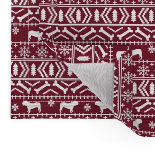 English Bulldog fair isle christmas design fabric bulldogs maroon