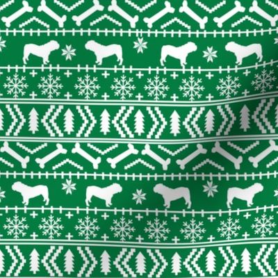 English Bulldog fair isle christmas design fabric bulldogs green