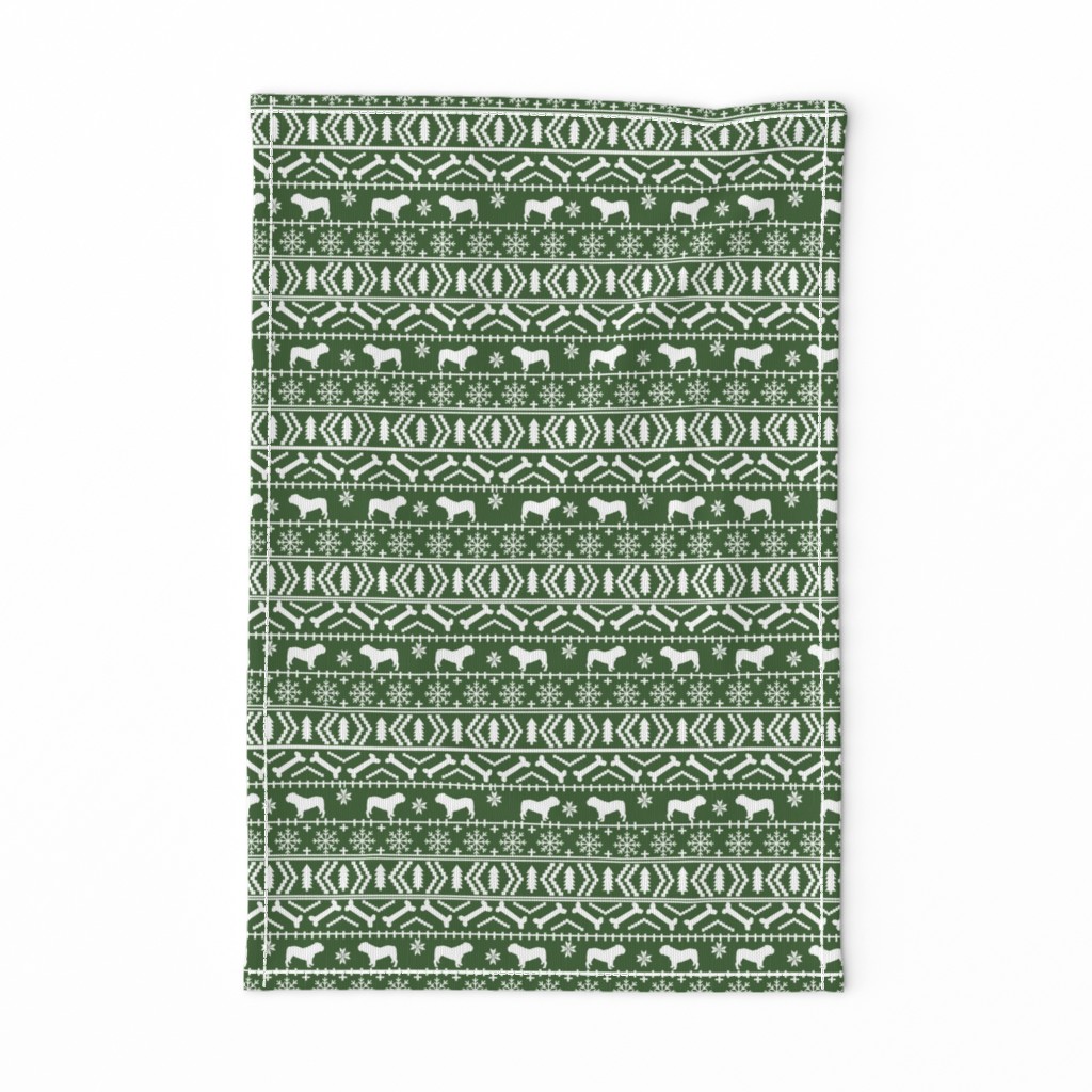 English Bulldog fair isle christmas design fabric bulldogs med green