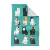 2020 Cat Calendar fabric cat themed tea towel calendar turquoise