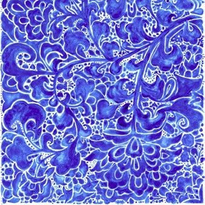 Watercolor Chinoiserie Block Floral Print in Blue Porcelain Tiles