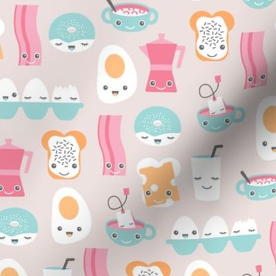 Traditional Kawaii recipe with bacon donuts coffee eegs and milk illustration design