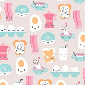 Traditional Kawaii recipe with bacon donuts coffee eegs and milk illustration design