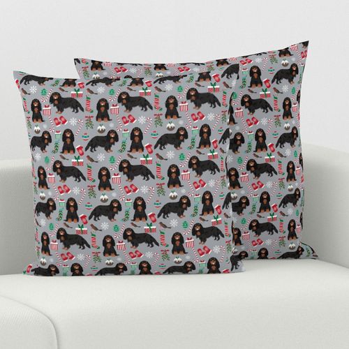 Cavalier King Charles Spaniel Christmas fabric black and tan coat grey