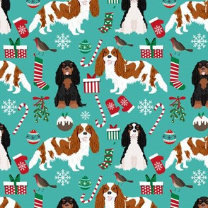 Cavalier King Charles Spaniel Christmas fabric mixed coats turquoise