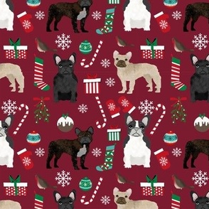 French Bulldog Christmas fabric candy canes stockings snowflakes winter maroon