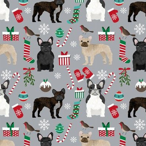 French Bulldog Christmas fabric candy canes stockings snowflakes winter grey