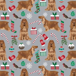 Cocker Spaniel Christmas fabric candy canes snowflakes presents grey