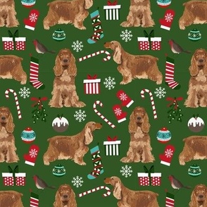 Cocker Spaniel Christmas fabric candy canes snowflakes presents green