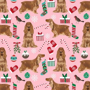 Cocker Spaniel Christmas fabric candy canes snowflakes presents pink