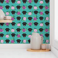 Labrador Retriever black coat floral bouquet fabric black  lab teal 