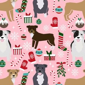 pitbull dog fabric pitbull xmas holiday christmas design - pink