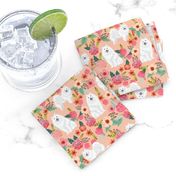 japanese spitz dog florals fabric dogs and flowers design - peach