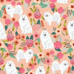 japanese spitz dog florals fabric dogs and flowers design - peach