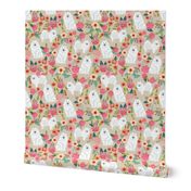 japanese spitz dog florals fabric dogs and flowers design - tan