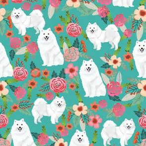 japanese spitz dog florals fabric dogs and flowers design - turquoise