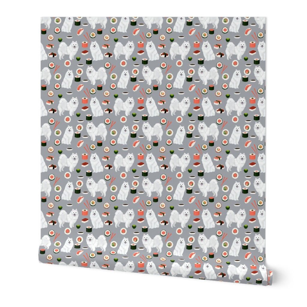 japanese spitz and sushi fabric cute dog and sushi design - grey