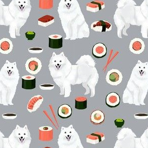 japanese spitz and sushi fabric cute dog and sushi design - grey