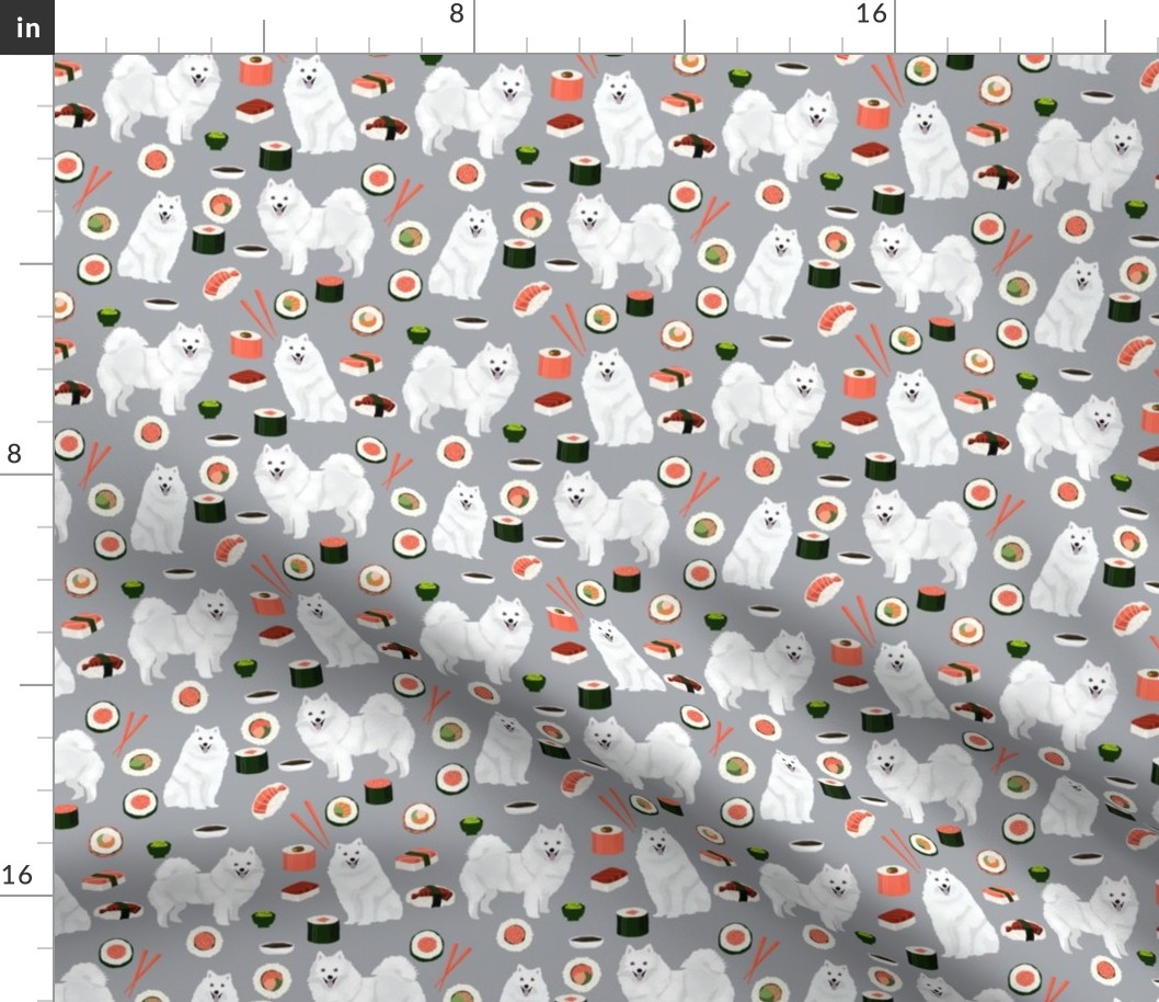 japanese spitz and sushi fabric cute dog and sushi design - grey