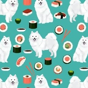 japanese spitz and sushi fabric cute dog and sushi design - turquoise
