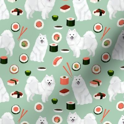 japanese spitz and sushi fabric cute dog and sushi design - mint