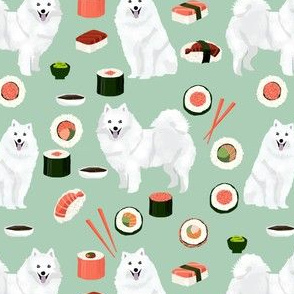 japanese spitz and sushi fabric cute dog and sushi design - mint