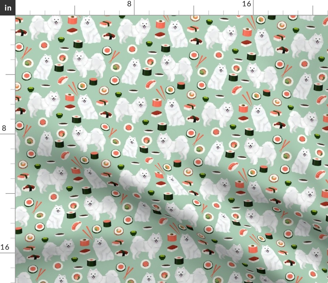 japanese spitz and sushi fabric cute dog and sushi design - mint