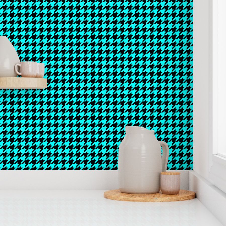 One Inch Aqua Blue and Black Houndstooth Check