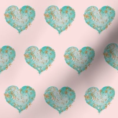 Teal Glitter Hearts on Blush