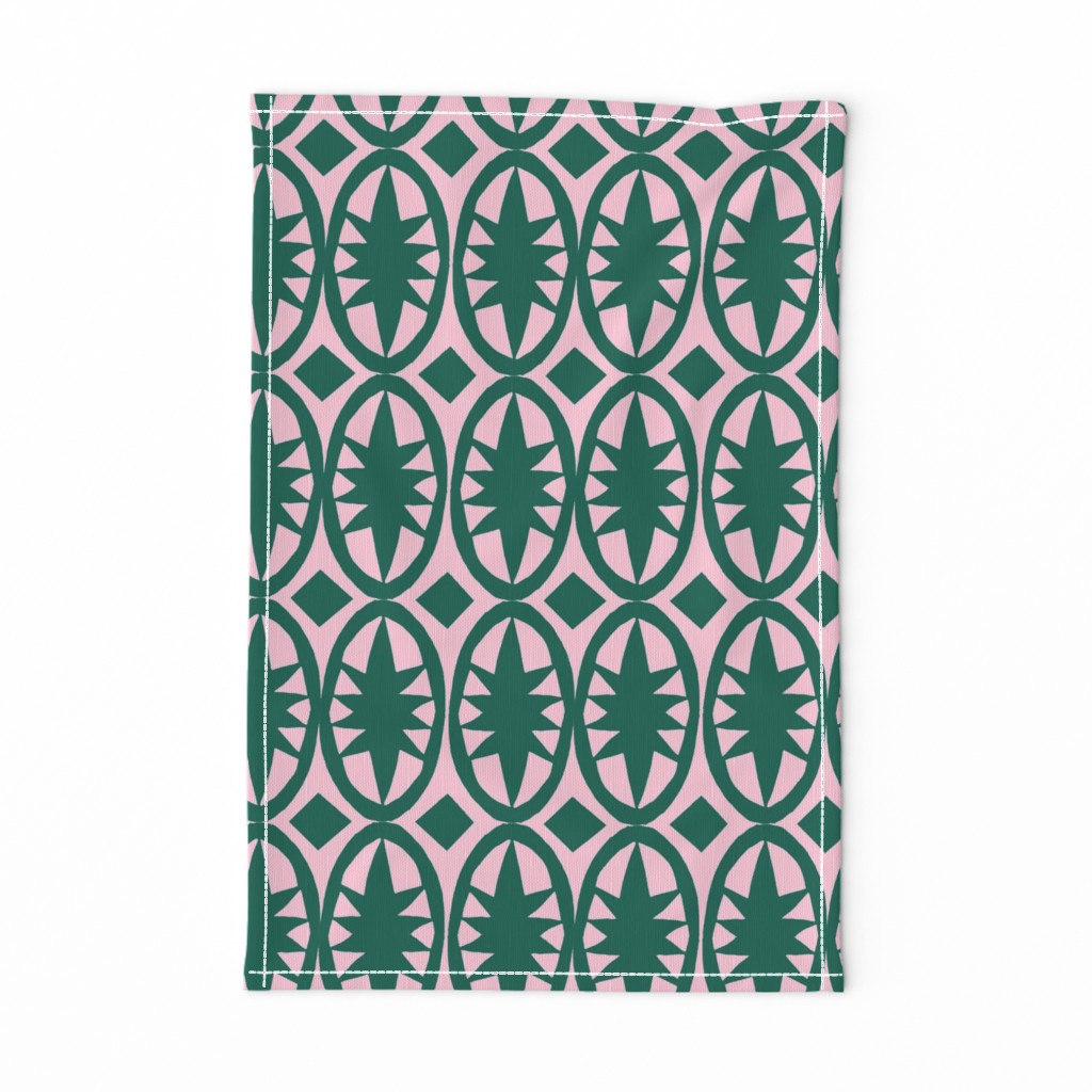 Geometric Acanthus in deep emerald green and pink