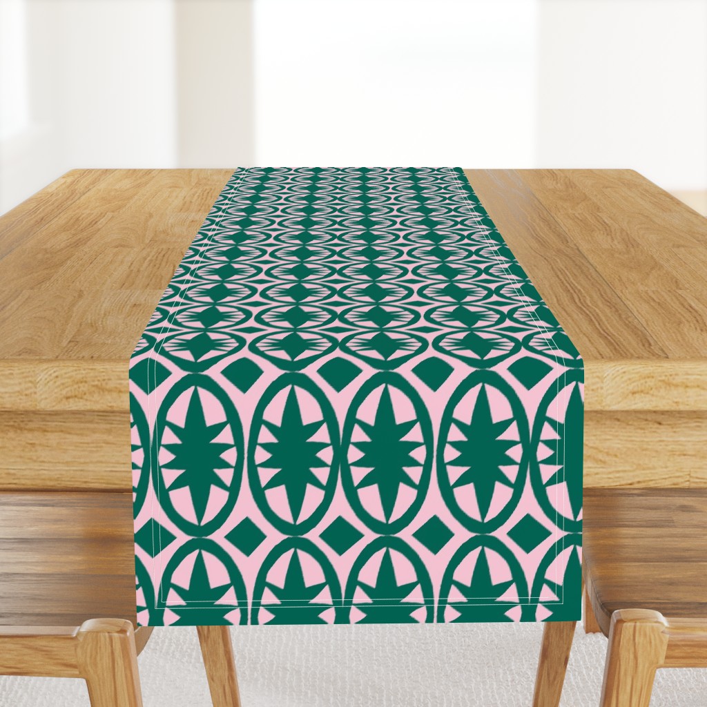 Geometric Acanthus in deep emerald green and pink