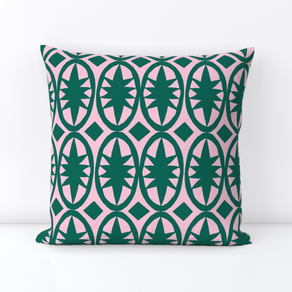 Geometric Acanthus in deep emerald green and pink