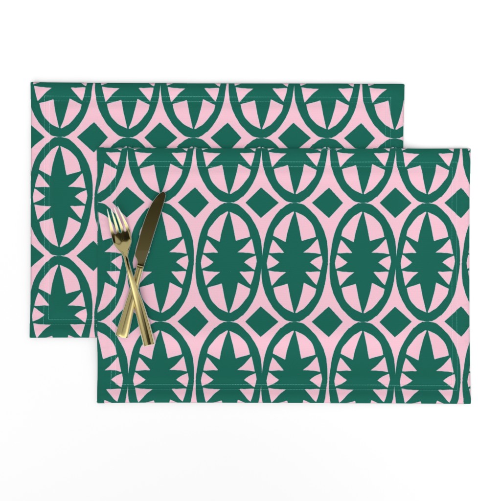 Geometric Acanthus in deep emerald green and pink