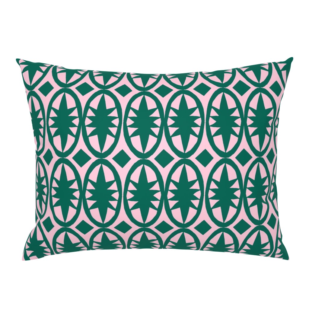 Geometric Acanthus in deep emerald green and pink