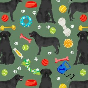 black lab dog fabric cute labrador and toys design - green