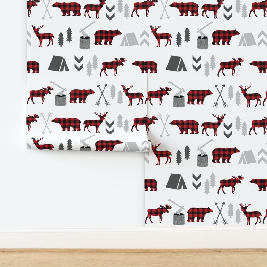 buffalo plaid woodland moose deer bear forest woodland trees camping canada kids - micro print