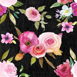 Fresh Floral watercolor rose Bouquet on Black 