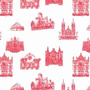 Synagogue Toile de Jouy, Red on White